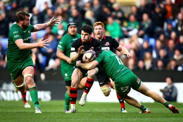 READING, ENGLAND - APRIL 05:  Sam Hidalgo-Clyne of Edinburgh is tackled by Alex Lewington of London Irish  during the European Rugby Challenge Cup Quarter Final between London Irish and Edinburgh Rugby at the Madejski Stadium on April 5, 2015 in Reading, England.  (Photo by Jordan Mansfield/Getty Images)