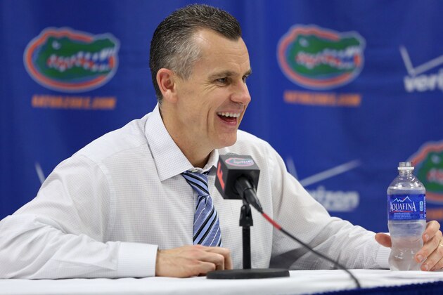 GAINESVILLE, FL - FEBRUARY 28: Head coach Billy Donovan of the Florida Gators speaks at a press conference after the game against the Tennessee Volunteers at the Stephen C. O'Connell Center on February 28, 2015 in Gainesville, Florida. The win was Billy Donovan's 500th career victory. (Photo by Rob Foldy/Getty Images)