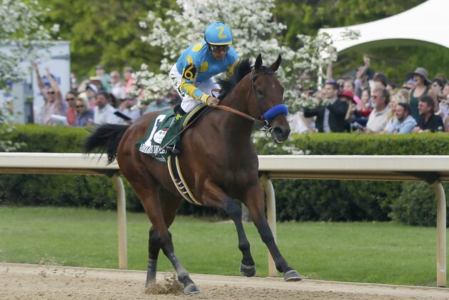 American Pharoah and jockey Victor Espinoza (6) run down the stretch to win the $1 million Arkansas Derby horse race at Oaklawn Park in Hot Springs, Ark., Saturday, April 11, 2015. (AP Photo/Danny Johnston)