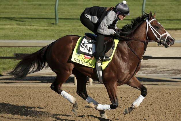 Kentucky Derby hopeful Stanford is ridden by exercise rider Isabelle Bourez during a morning workout at Churchill Downs Tuesday, April 28, 2015, in Louisville, Ky. (AP Photo/Charlie Riedel)