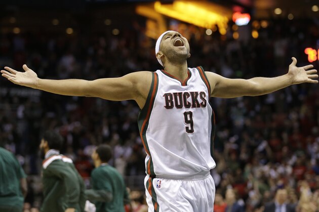 Milwaukee Bucks' Jared Dudley celebrates after Game 4 of an NBA basketball first-round playoff series against the Chicago Bulls Saturday, April 25, 2015, in Milwaukee.
