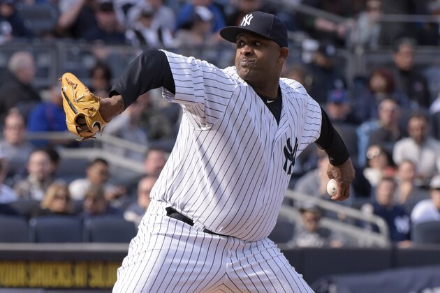 New York Yankees starter CC Sabathia throws during the second inning of an interleague baseball game against the New York Mets  Saturday, April 25, 2015, at Yankee Stadium in New York. (AP Photo/Bill Kostroun)