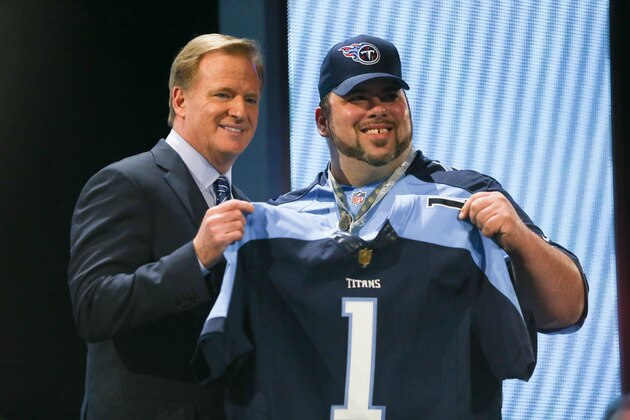 CHICAGO, IL - APRIL 30:  NFL Commissioner Roger Goodell holds up a jersey after the Tennessee Titans chose Marcus Mariota of the Oregon Ducks #2 overall during the first round of the 2015 NFL Draft at the Auditorium Theatre of Roosevelt University on April 30, 2015 in Chicago, Illinois.  (Photo by Jonathan Daniel/Getty Images)