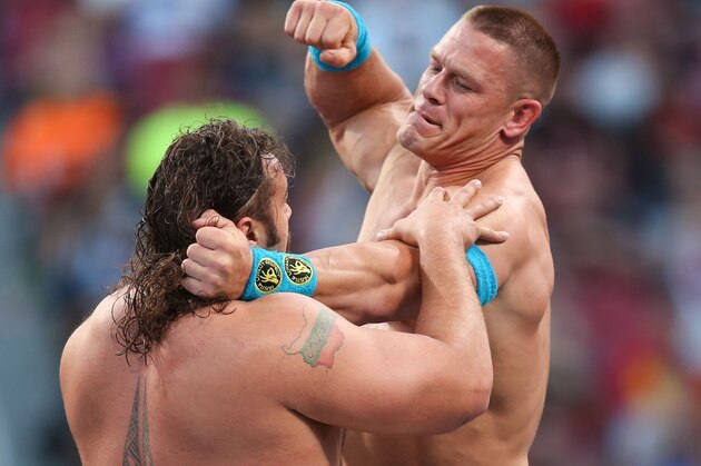 WWE wrestler John Cena punches Rusev at Wrestlemania XXXI, on Sunday, March 29, 2015 in Santa Clara, CA. 2015 marks the first year Wrestlemania will be held in the San Francisco Bay Area, being made available to viewers in 177 countries via the WWE Network. (Don Feria/AP Images for WWE) WWE wrestler John Cena punches Rusev at Wrestlemania XXXI, on Sunday, March 29, 2015 in Santa Clara, CA. 2015 marks the first year Wrestlemania will be held in the San Francisco Bay Area, being made available to viewers in 177 countries via the WWE Network. (Don Feria/AP Images for WWE)