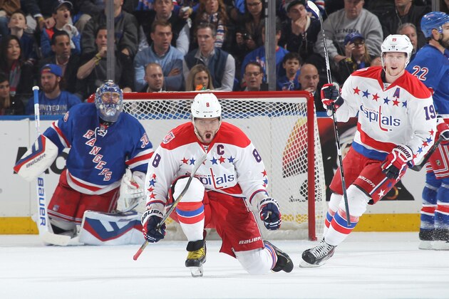 NEW YORK, NY - APRIL 30:  Alex Ovechkin #8 of the Washington Capitals reacts after scoring on the power play in the first period against Henrik Lundqvist #30 of the New York Rangers in Game One of the Eastern Conference Semifinals during the 2015 NHL Stanley Cup Playoffs at Madison Square Garden on April 30, 2015 in New York City. (Photo by Jared Silber/NHLI via Getty Images)