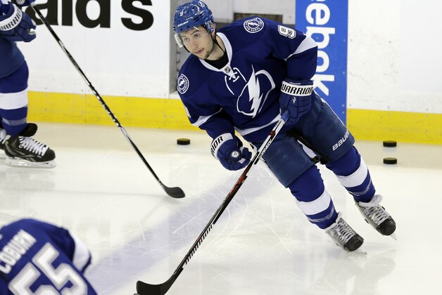 Tampa Bay Lightning center Tyler Johnson (9) before Game 7 of a first-round NHL Stanley Cup hockey playoff series against the Detroit Red Wings Wednesday, April 29, 2015, in Tampa, Fla. (AP Photo/Chris O'Meara)