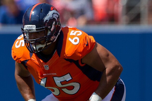 DENVER, CO - AUGUST 26:  Offensive guard Manny Ramirez #65 of the Denver Broncos in action during a pre-season game against the San Francisco 49ers at Sports Authority Field Field at Mile High on August 26, 2012 in Denver, Colorado. (Photo by Justin Edmonds/Getty Images)
