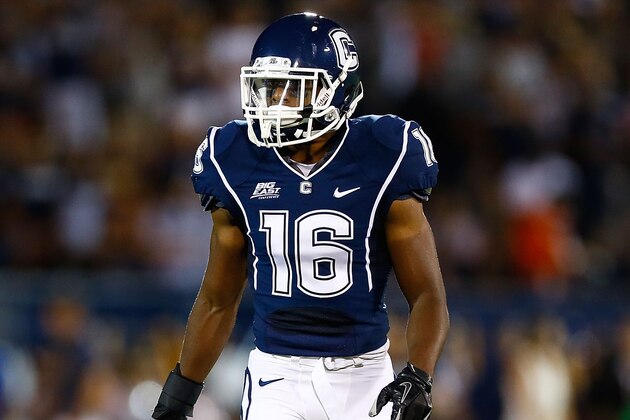 EAST HARTFORD, CT - AUGUST 30:  Byron Jones #16 of the Univeristy of Connecticut Huskies in action against the University of Massachusetts Minutemen during the game on August 30, 2012 at Rentschler Field in East Hartford, Connecticut.  (Photo by Jared Wickerham/Getty Images)
