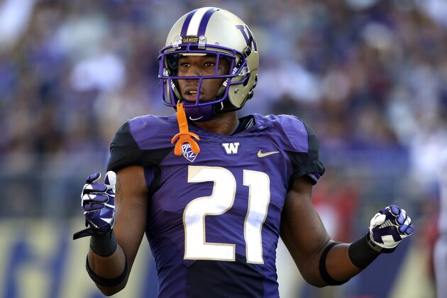 Washington's Marcus Peters motions during the first half of an NCAA college football game against Georgia State Saturday, Sept. 20, 2014, in Seattle. (AP Photo/Elaine Thompson)