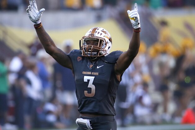 Arizona State defensive back Damarious Randall (3) celebrates during the final minute of the second half of an NCAA college football game against Notre Dame, Saturday, Nov. 8, 2014, in Tempe, Ariz. Arizona State won 55-31. (AP Photo/Matt York)