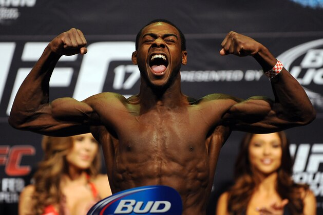Feb 21, 2014; Las Vegas, NV, USA; UFC bantamweight Aljamain Sterling participates in the UFC 170 weigh-in at Mandalay Bay Events Center. Mandatory Credit: Stephen R. Sylvanie-USA TODAY Sports