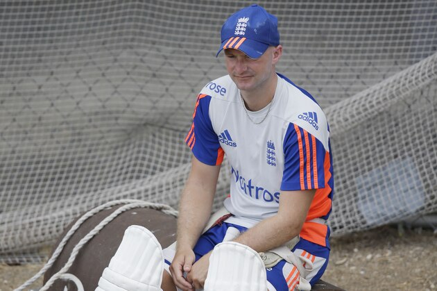 England's Adam Lyth rests during a net practice of the national cricket team at the Kensington Oval in Bridgetown, Barbados, Wednesday, April 29, 2015. England will play West Indies for the last of a three Test matches series in Barbados from May 1. (AP Photo/Ricardo Mazalan)