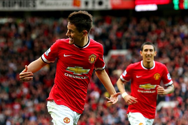 MANCHESTER, ENGLAND - APRIL 04:  Ander Herrera of Manchester United celebrates after scoring his team's third goal during the Barclays Premier League match between Manchester United and Aston Villa at Old Trafford on April 4, 2015 in Manchester, England.  (Photo by Alex Livesey/Getty Images)