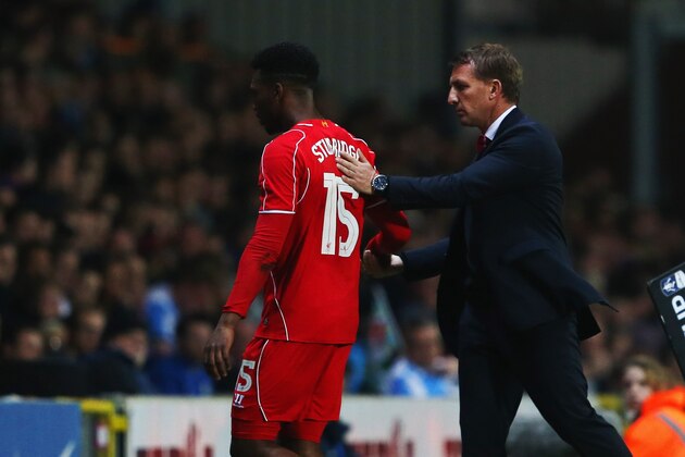 BLACKBURN, ENGLAND - APRIL 08:  Brendan Rodgers manager of Liverpool shakes hands with Daniel Sturridge of Liverpool as he is substituted during the FA Cup Quarter Final Replay match between Blackburn Rovers and Liverpool at Ewood Park on April 8, 2015 in Blackburn, England.  (Photo by Jan Kruger/Getty Images)