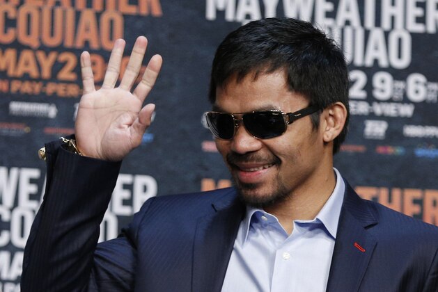 Manny Pacquiao attends a press conference Wednesday, April 29, 2015, in Las Vegas. Pacquiao will face Floyd Mayweather Jr. in a welterweight boxing match in Las Vegas on May 2. (AP Photo/John Locher)