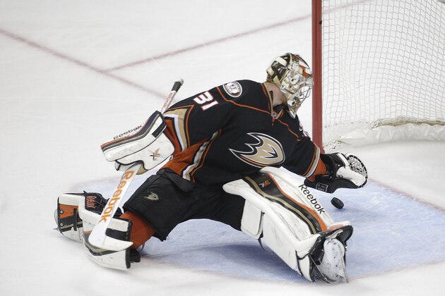 Anaheim Ducks goalie Frederik Andersen, of Denmark, stops a shot by a Calgary Flames player during the second period of Game 1 in the second round of the NHL Stanley Cup hockey playoffs, Thursday, April 30, 2015, in Anaheim, Calif. (AP Photo/Jae C. Hong)