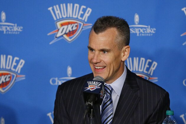 Billy Donovan, the new coach of the Oklahoma City Thunder, speaks during an NBA basketball news conference Friday, May 1, 2015, in Oklahoma City. (AP Photo/Sue Ogrocki)