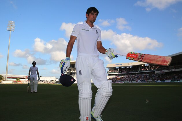 BRIDGETOWN, BARBADOS - MAY 01: Alastair Cook  of England walks off  after scoring 105 runs after being caught behind by Denesh Ramdin off the bowling of Marlon Samuels of West Indies during day one of the 3rd Test match between West Indies and England at Kensington Oval on May 1, 2015 in Bridgetown, Barbados.  (Photo by Michael Steele/Getty Images)