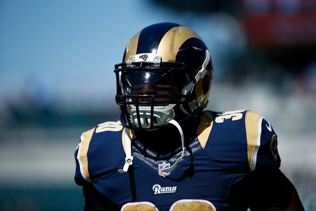 St. Louis Rams' Zac Stacy walks the field before an NFL football game against the Philadelphia Eagles, Sunday, Oct. 5, 2014, in Philadelphia. (AP Photo/Matt Rourke)