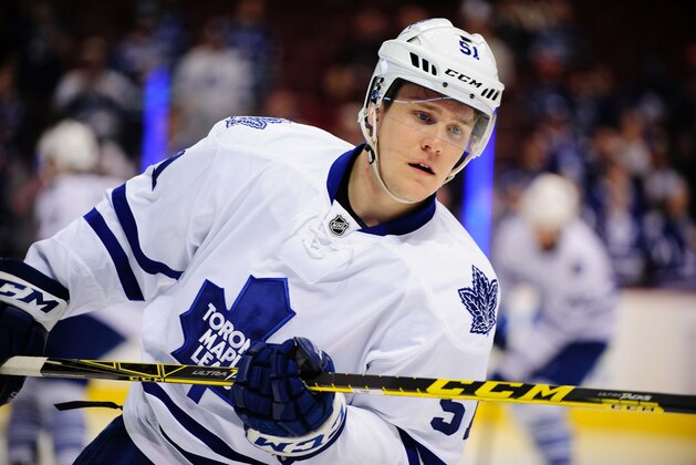 Mar 14, 2015; Vancouver, British Columbia, CAN; Toronto Maple Leafs defenseman Jake Gardiner (51) skates in warm up against the Vancouver Canucks at Rogers Arena. The Vancouver Canucks won 4-1. Mandatory Credit: Anne-Marie Sorvin-USA TODAY Sports