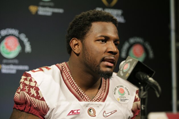 Florida State defensive end Mario Edwards Jr. talks to reporters during the team's media day Monday, Dec. 29, 2014, in Los Angeles. Florida State is scheduled to play Oregon in the Rose Bowl NCAA college football playoff semifinal on New Year's Day. (AP Photo/Jae C. Hong)