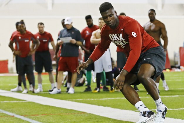 Oklahoma's Dorial Green-Beckham works out for NFL scouts during Oklahoma Pro Day in Norman, Okla., Wednesday, March 11, 2015. (AP Photo/Sue Ogrocki)