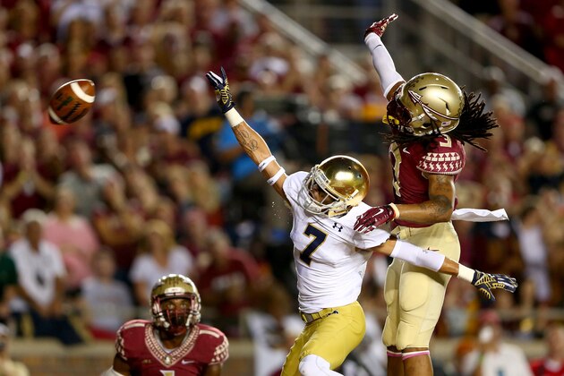 TALLAHASSEE, FL - OCTOBER 18:  Ronald Darby #3 of the Florida State Seminoles is called for pass interference against William Fuller #7 of the Notre Dame Fighting Irish during their game at Doak Campbell Stadium on October 18, 2014 in Tallahassee, Florida.  (Photo by Streeter Lecka/Getty Images)