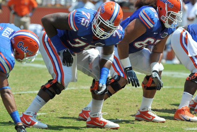 GAINESVILLE, FL - APRIL 9:  Tackle Chaz Green #75 of the Florida Gators sets for play during the Orange and Blue spring football game April 9, 2011 at Ben Hill Griffin Stadium in Gainesville, Florida.  (Photo by Al Messerschmidt/Getty Images)