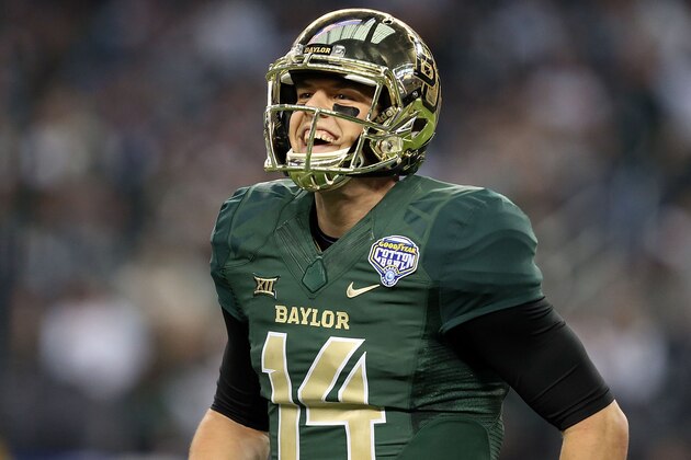 ARLINGTON, TX - JANUARY 01:  Bryce Petty #14 of the Baylor Bears reacts after a Baylor touchdown against the  Michigan State Spartans during the second half of the Goodyear Cotton Bowl Classic at AT&T Stadium on January 1, 2015 in Arlington, Texas.  (Photo by Sarah Glenn/Getty Images)