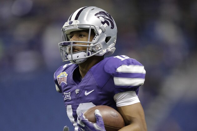 Kansas State’s Tyler Lockett (16) prior to the Alamo Bowl NCAA college football game against UCLA, Friday, Jan. 2, 2015, in San Antonio. (AP Photo/Eric Gay)