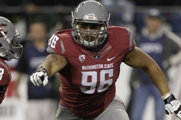 Washington State's Xavier Cooper (96) is shown in action during an NCAA college football game against Oregon, Saturday, Sept. 29, 2012, in Seattle. (AP Photo/Ted S. Warren)