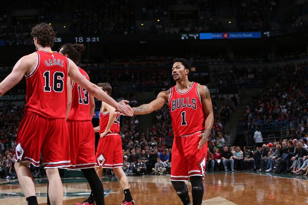 MILWAUKEE, WI - APRIL 23:  Derrick Rose #1 of the Chicago Bulls celebrates a play with teammate Pau Gasol #16 against the Milwaukee Bucks in Game Three of the Eastern Conference Quarterfinals during the 2015 NBA Playoffs on April 23, 2015 at the BMO Harris Bradley Center in Milwaukee, February. NOTE TO USER: User expressly acknowledges and agrees that, by downloading and or using this Photograph, user is consenting to the terms and conditions of the Getty Images License Agreement. Mandatory Copyright Notice: Copyright 2015 NBAE (Photo by Gary Dineen/NBAE via Getty Images)
