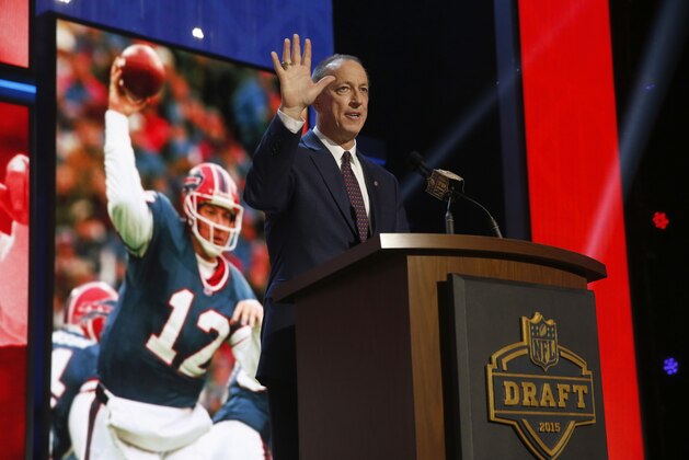 NFL Hall of Famer and Buffalo Bill Quarterback Jim Kelly announces that the Buffalo Bills selects Florida State defensive back Ronald Darby as the 50th pick in the second round of the 2015 NFL Football Draft,  Friday, May 1, 2015, in Chicago. (AP Photo/Charles Rex Arbogast)
