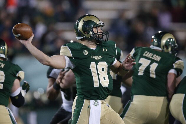 Colorado State quarterback Garrett Grayson looks to pass against Hawaii in the first quarter of an NCAA college football game in Fort Collins, Colo., on Saturday, Nov. 8, 2014. (AP Photo/David Zalubowski)