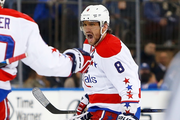 NEW YORK, NY - APRIL 30:  Alex Ovechkin #8 of the Washington Capitals celebrates his first period goal against the New York Rangers in Game One of the Eastern Conference Semifinals during the 2015 NHL Stanley Cup Playoffs at Madison Square Garden on April 30, 2015 in New York City.  (Photo by Mike Stobe/Getty Images)