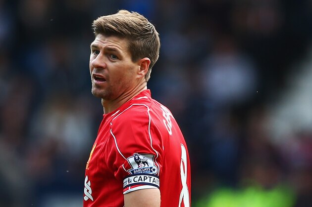 WEST BROMWICH, ENGLAND - APRIL 25: Steven Gerrard of Liverpool reacts during the Barclays Premier League match between West Bromwich Albion and Liverpool at The Hawthorns on April 25, 2015 in West Bromwich, England.  (Photo by Matthew Lewis/Getty Images)