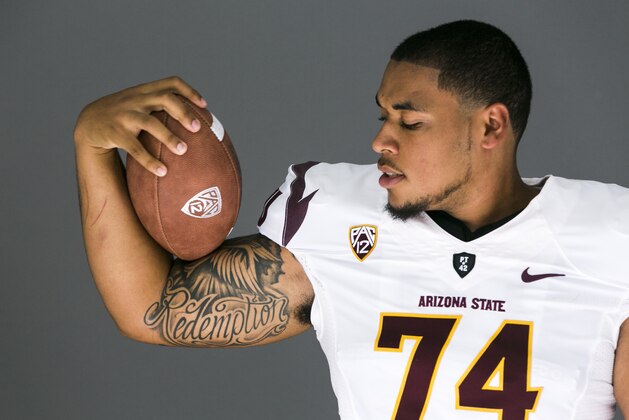 Arizona State offensive lineman Jamil Douglas poses for a photo at the 2014 Pac-12 NCAA college football media days at Paramount Studios in Los Angeles Thursday, July 24, 2014. (AP Photo)