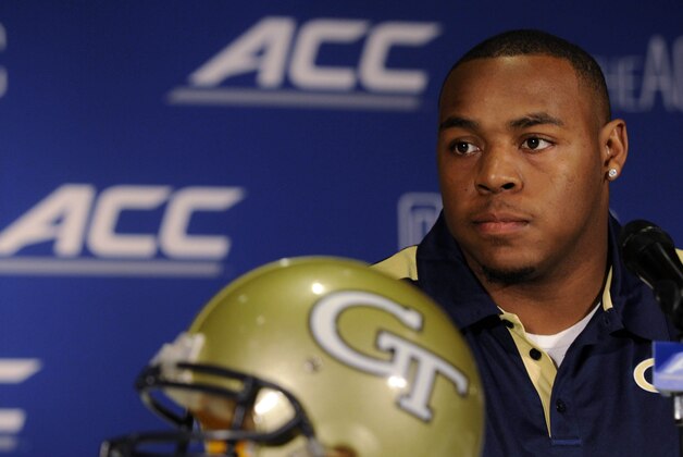 Jul 20, 2014; Greensboro, NC, USA; Georgia Tech Yellow Jackets offensive guard Shaquille Mason addresses the media during the ACC football media day at the Grandover Resort. Mandatory Credit: Sam Sharpe-USA TODAY Sports