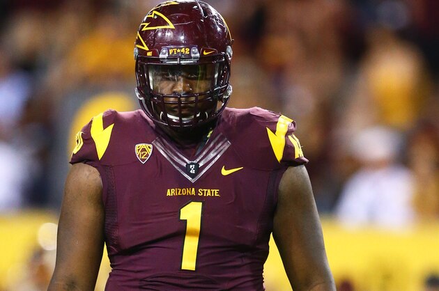 Oct 18, 2014; Tempe, AZ, USA; Arizona State Sun Devils defensive lineman Marcus Hardison (1) against the Stanford Cardinal at Sun Devil Stadium. Mandatory Credit: Mark J. Rebilas-USA TODAY Sports