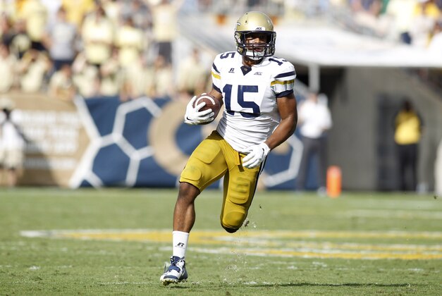 Oct 11, 2014; Atlanta, GA, USA; Georgia Tech Yellow Jackets wide receiver DeAndre Smelter (15) runs with the ball against the Duke Blue Devils in the third quarter at Bobby Dodd Stadium. Duke won 31-25. Mandatory Credit: Brett Davis-USA TODAY Sports
