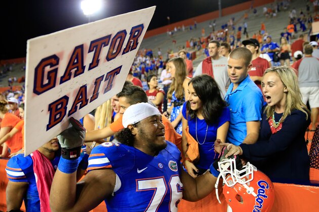 GAINESVILLE, FL - OCTOBER 05: Max Garcia #76 of the Florida Gators celebrates with fans following a victory over the Arkansas Razorbacks at Ben Hill Griffin Stadium on October 5, 2013 in Gainesville, Florida. (Photo by Sam Greenwood/Getty Images) GAINESVILLE, FL - OCTOBER 05: Max Garcia #76 of the Florida Gators celebrates with fans following a victory over the Arkansas Razorbacks at Ben Hill Griffin Stadium on October 5, 2013 in Gainesville, Florida. (Photo by Sam Greenwood/Getty Images)