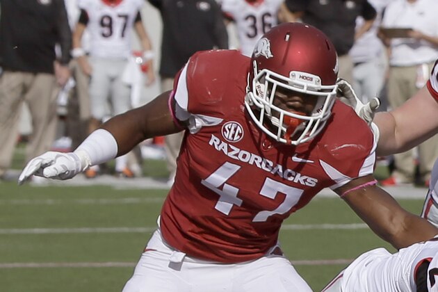 In this Oct. 18, 2014, photo, Arkansas linebacker Martrell Spaight defends against Georgia during an NCAA college football game in Little Rock, Ark. Spaight feels like he's always had to overcome something, from a childhood speech impediment to doubts by college coaches about his size. (AP Photo/Danny Johnston)