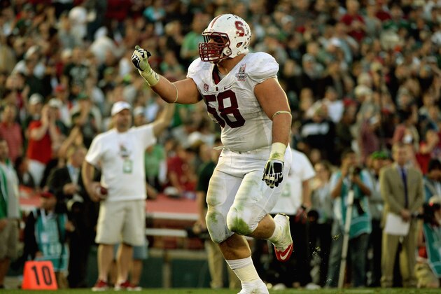 PASADENA, CA - JANUARY 01:  Defensive tackle David Parry #58 of the Stanford Cardinal celebrates a fumble by the Michigan State Spartans during the 100th Rose Bowl Game presented by Vizio at the Rose Bowl on January 1, 2014 in Pasadena, California.  (Photo by Harry How/Getty Images)