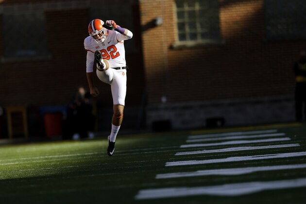Clemson punter Bradley Pinion warms up in the first half of an NCAA college football game against Maryland in College Park, Md., Saturday, Oct. 26, 2013. (AP Photo/Patrick Semansky)