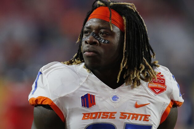 Boise State running back Jay Ajayi (27) in the first half during the Fiesta Bowl NCAA college football game against Arizona, Wednesday, Dec. 31, 2014, in Glendale, Ariz. (AP Photo/Rick Scuteri)