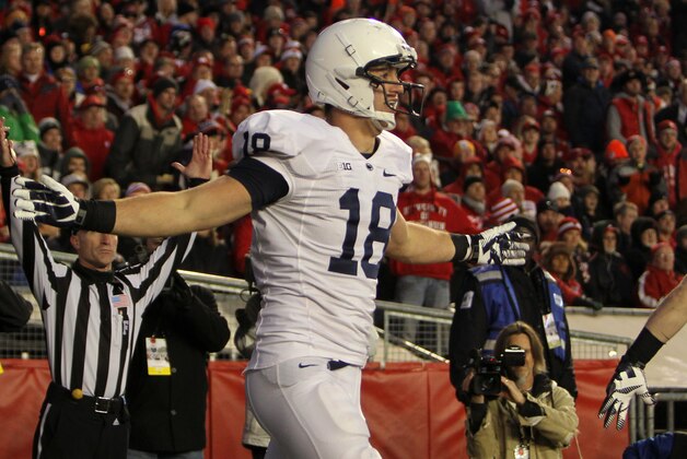 MADISON, WI - NOVEMBER 30: Jesse James #18 of the Penn State Nittany Lions celebrates after making a touchdown during the second half against the Wisconsin Badgers at Camp Randall Stadium on November 30, 2013 in Madison, Wisconsin. (Photo by Mike McGinnis/Getty Images)
