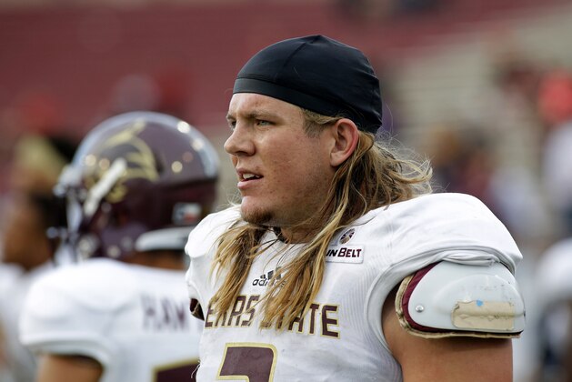 Texas State linebacker David Mayo during an NCAA college football game against New Mexico State in Las Cruces, N.M., Saturday, Nov. 1, 2014. (AP Photo/Andres Leighton)