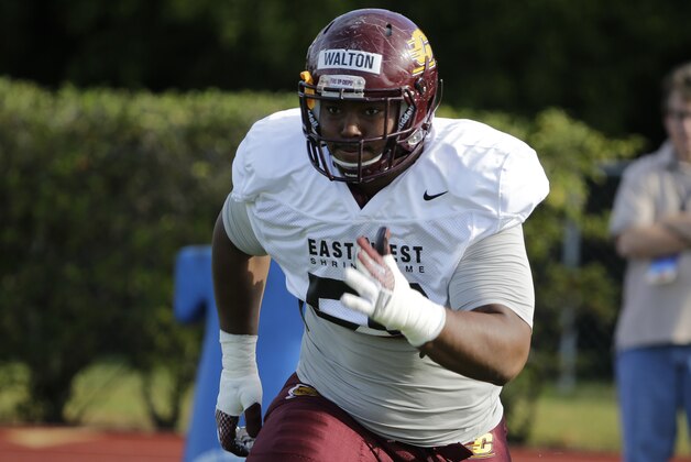 East lineman Leterrius Walton, of Central Michigan,  during practice for the East-West Shrine college football game Tuesday, Jan. 13, 2015, in St. Petersburg, Fla. (AP Photo/Chris O'Meara)