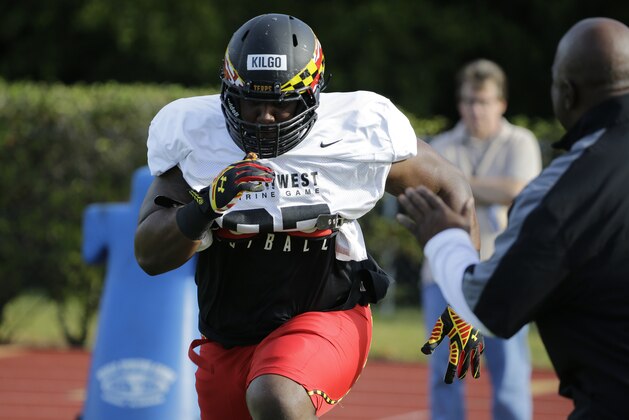 East lineman Darius Kilgo, of Maryland,  during practice for the East-West Shrine college football game Tuesday, Jan. 13, 2015, in St. Petersburg, Fla. (AP Photo/Chris O'Meara)