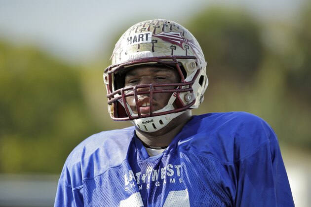 West lineman Bobby Hart, of Florida State, during practice for the East-West Shrine college football game Tuesday, Jan. 13, 2015, in St. Petersburg, Fla. (AP Photo/Chris O'Meara)